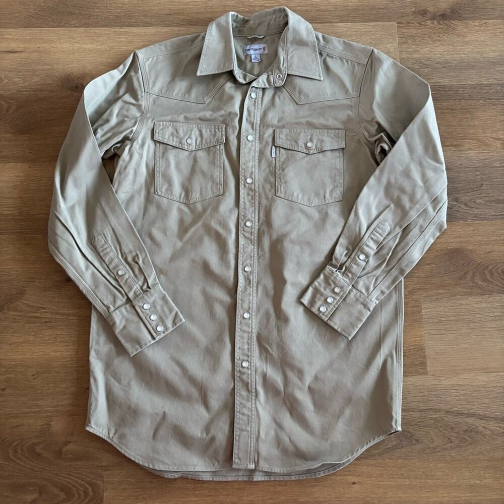 Carhartt Men’s Pearl Snap Button Down Khaki Shirt Size Large Tall